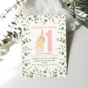 1st Birthday Bunny Watercolor Eucalyptus Pink Invitation