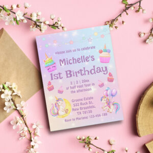 1st birthday watercolor unicorns cupcakes purple invitation