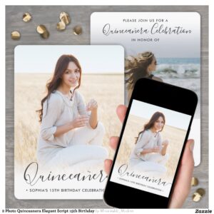 2 Photo Quinceanera Elegant Script 15th Birthday Invitation