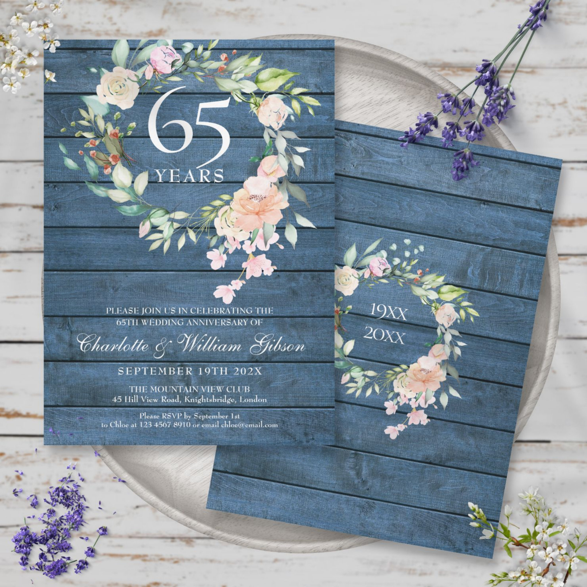 45th 65th Wedding Anniversary Floral Blue Rustic Invitation