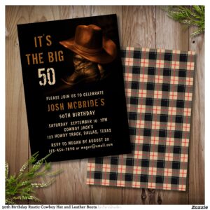 50th Birthday Rustic Cowboy Hat and Leather Boots Invitation