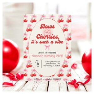 5th Birthday Coquette Cherries Bows Bubble Letters Invitation