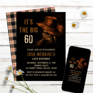 60th Birthday Rustic Cowboy Country Hat Boots Invitation