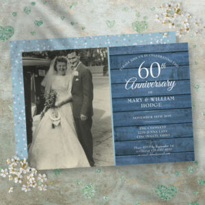 60th Diamond Wedding Anniversary Photo Blue Rustic Invitation