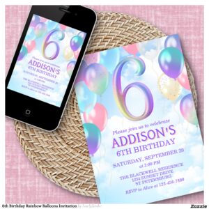 6th Birthday Rainbow Balloons Invitation