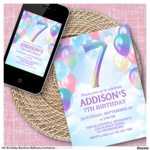 7th Birthday Rainbow Balloons Invitation