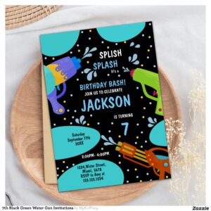 7th Black Green Water Gun Invitations