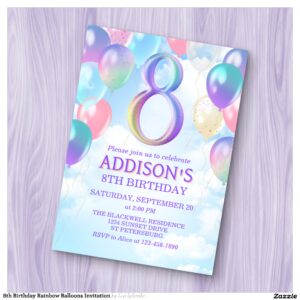 8th Birthday Rainbow Balloons Invitation