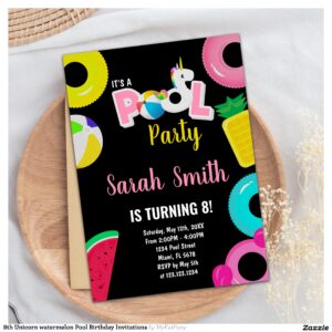 8th Unicorn watermelon Pool Birthday Invitations