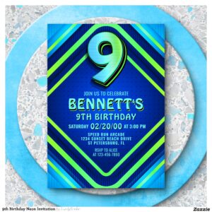9th Birthday Neon Invitation