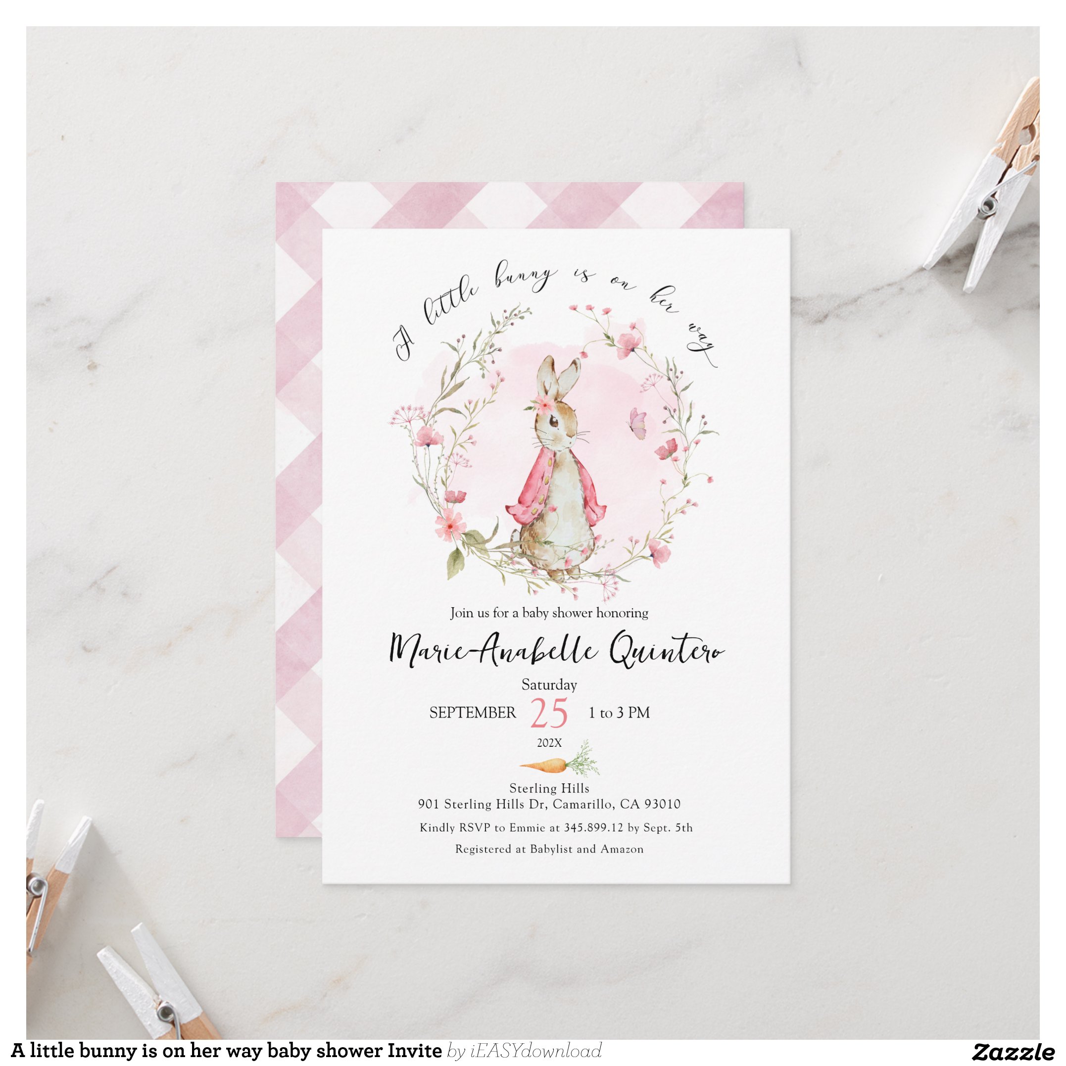 A little bunny is on her way baby shower Invite