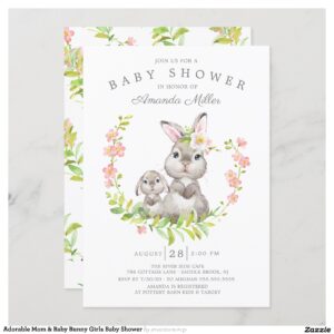 Adorable Mom & Baby Bunny Girls Baby Shower Invitation