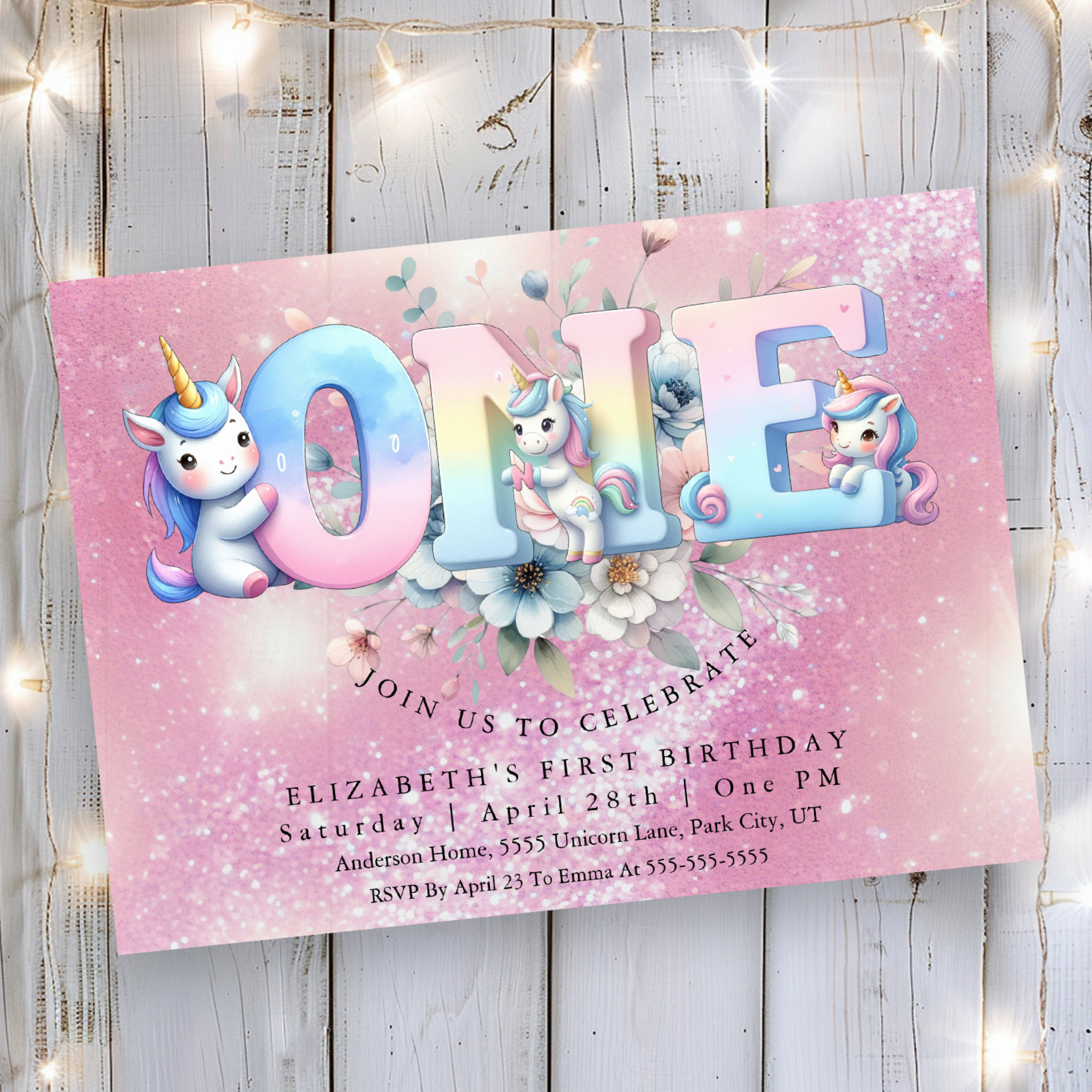 Adorable Unicorn Girl's 1st Birthday Invitation