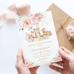 Adorable Woodland Blush Floral Girly Baby Shower Invitation