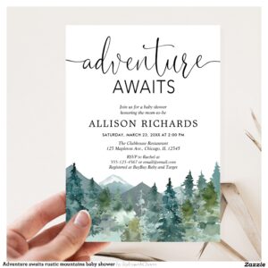 Adventure awaits rustic mountains baby shower invitation