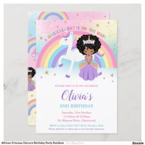 African Princess Unicorn Birthday Party Rainbow Invitation