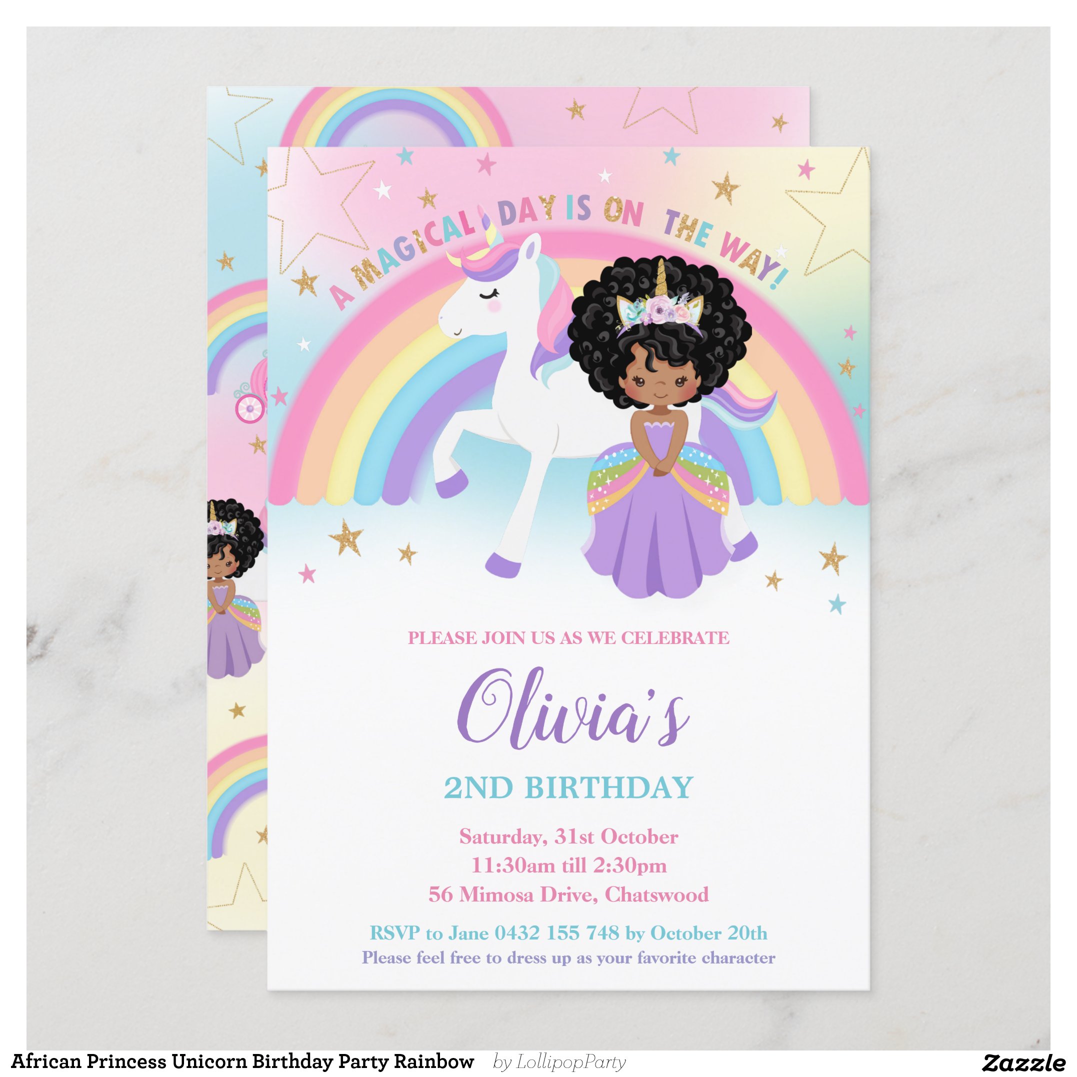 African Princess Unicorn Birthday Party Rainbow Invitation