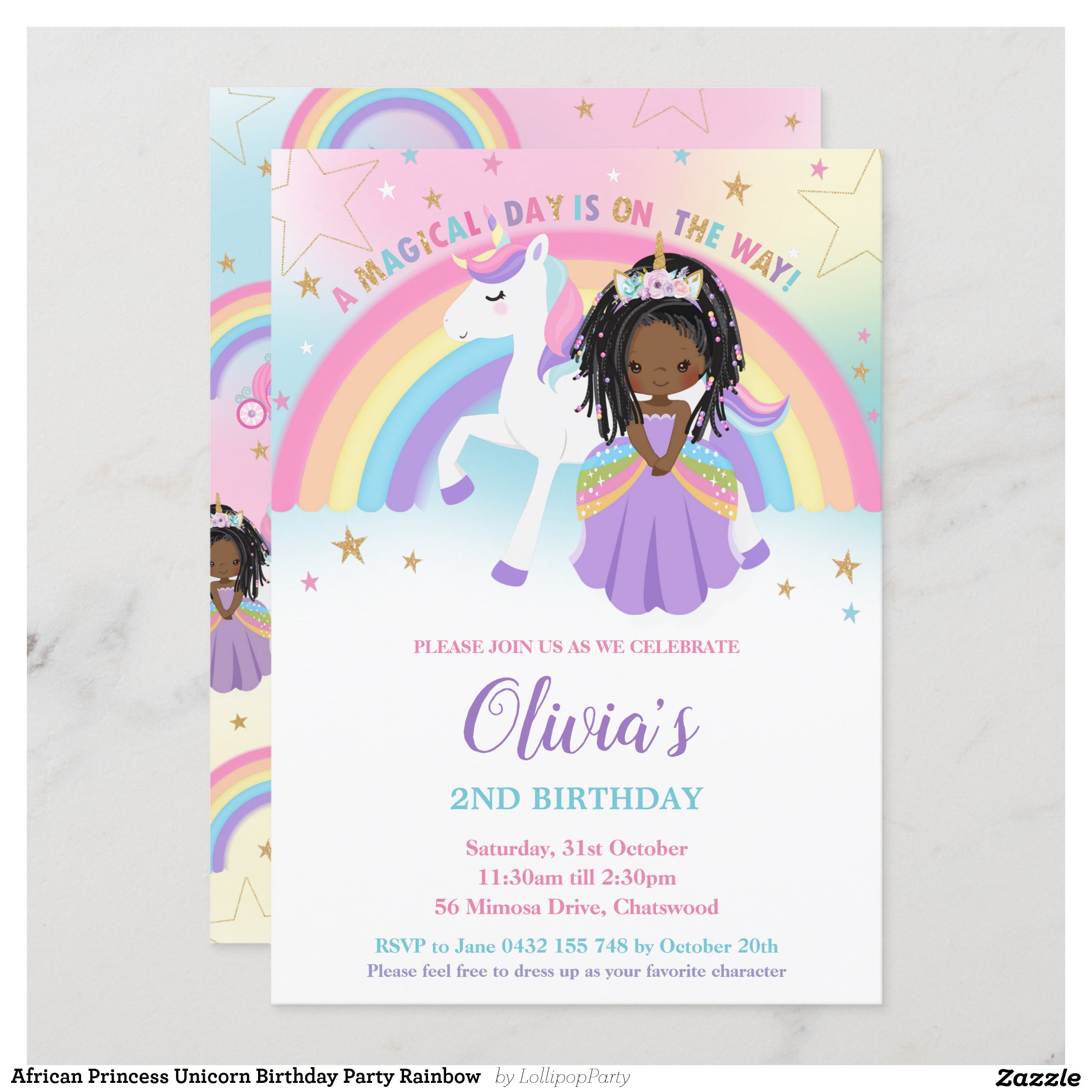 African Princess Unicorn Birthday Party Rainbow Invitation
