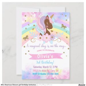 Afro American Unicorn girl birthday invitation. Invitation