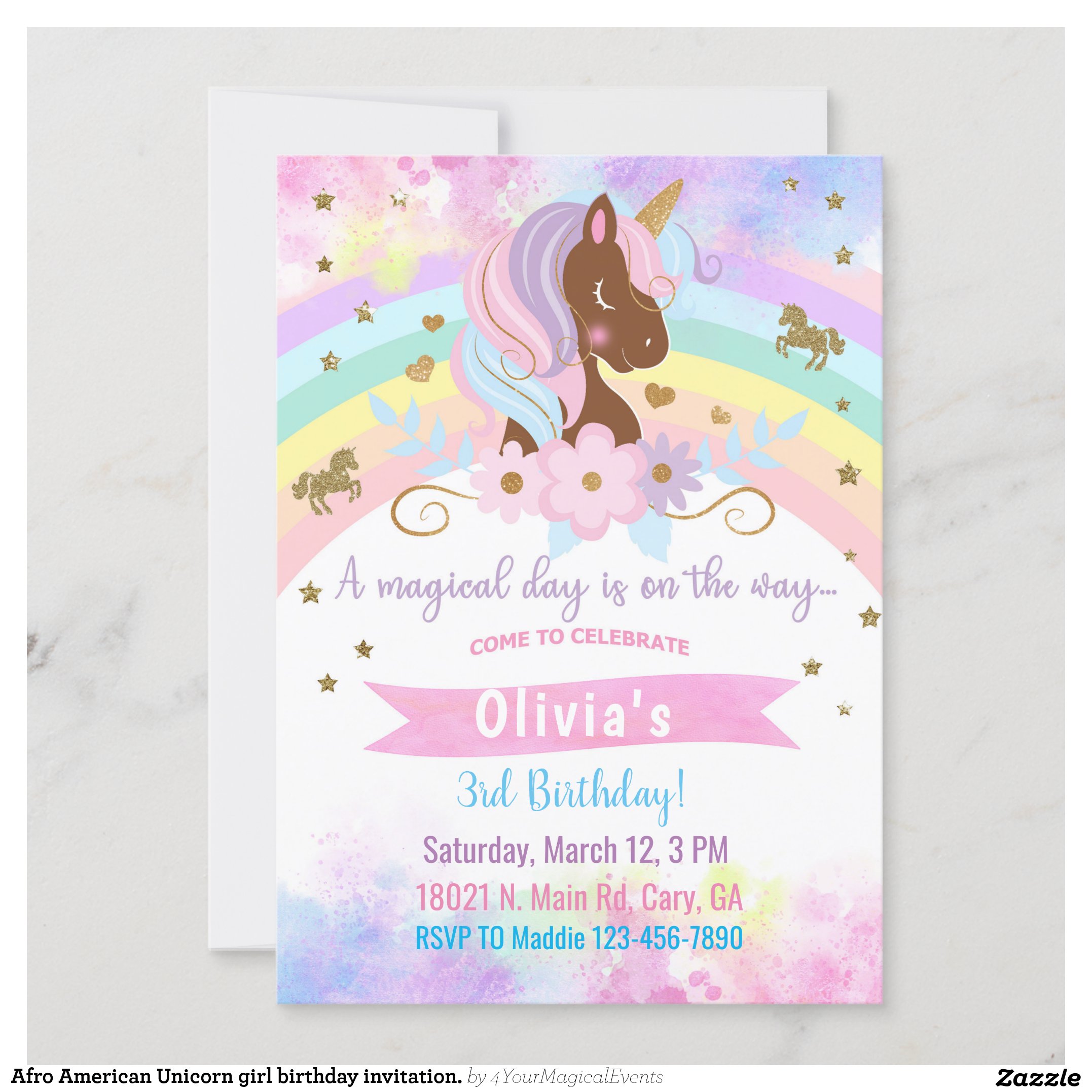 Afro American Unicorn girl birthday invitation. Invitation
