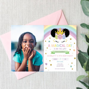Afro Puff Unicorn and Rainbows Birthday Party Invitation