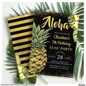 Aloha Black Gold Tropical Pineapple Birthday Invitation