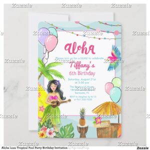 Aloha Luau Tropical Pool Party Birthday Invitation