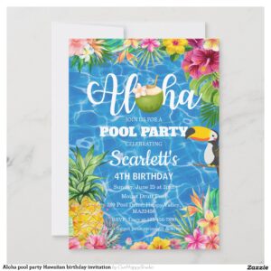 Aloha pool party Hawaiian birthday invitation