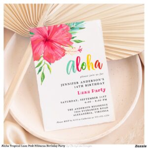 Aloha Tropical Luau Pink Hibiscus Birthday Party Invitation