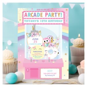 Arcade Birthday Party Girl Rainbow Unicorn Invitation