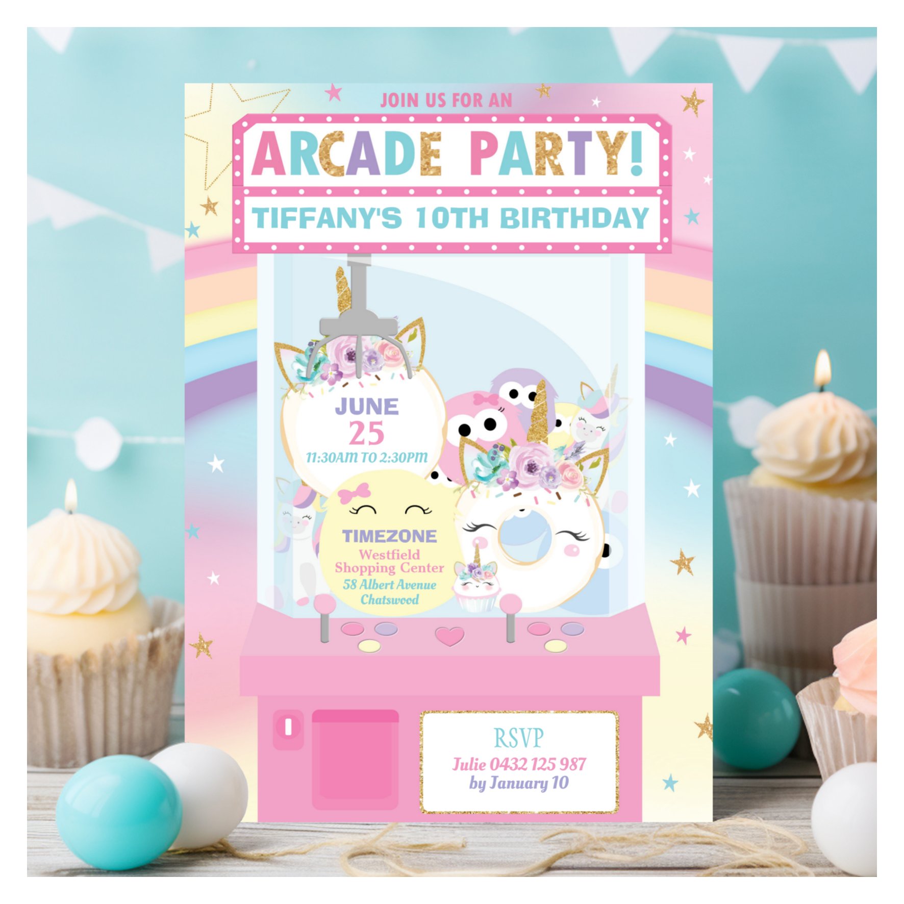 Arcade Birthday Party Girl Rainbow Unicorn Invitation