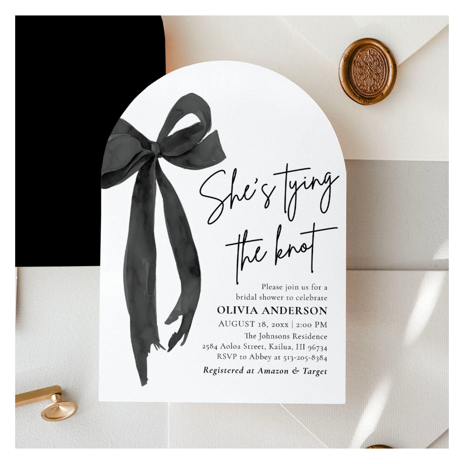 Arch Black Bow She's Tying the Knot Bridal Shower Invitation