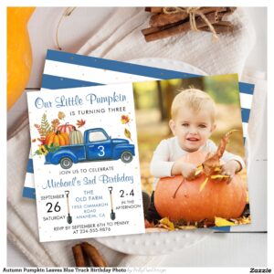 Autumn Pumpkin Leaves Blue Truck Birthday Photo Invitation