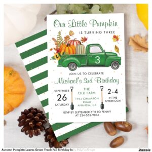 Autumn Pumpkin Leaves Green Truck Fall Birthday In Invitation