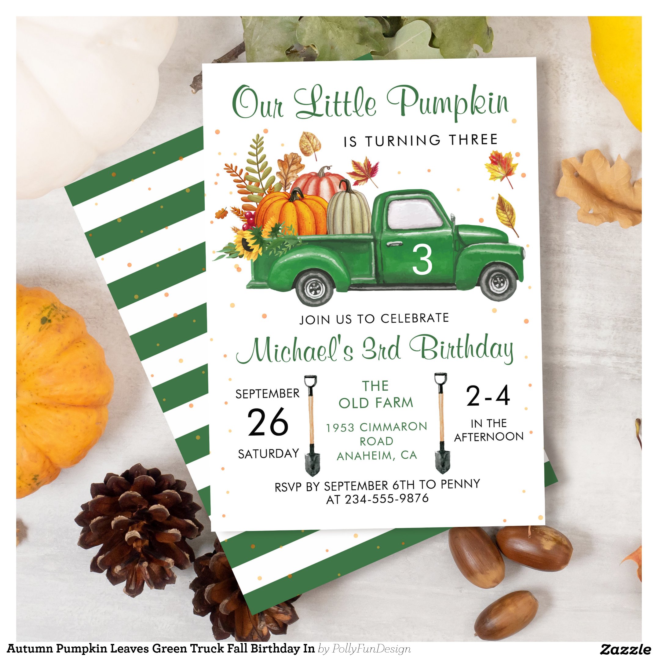 Autumn Pumpkin Leaves Green Truck Fall Birthday In Invitation
