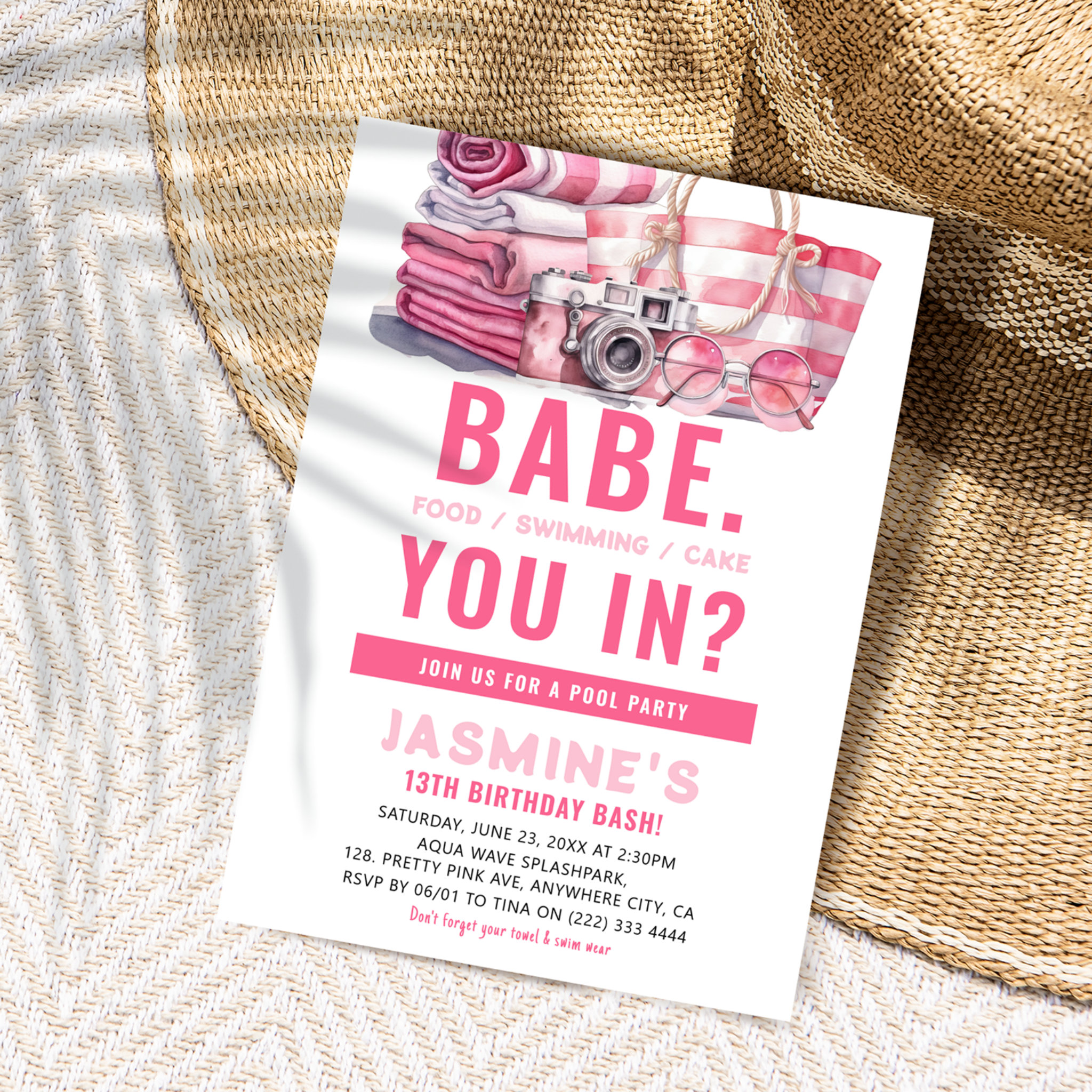 BABE Pink Pool Party Girl Birthday Invitation