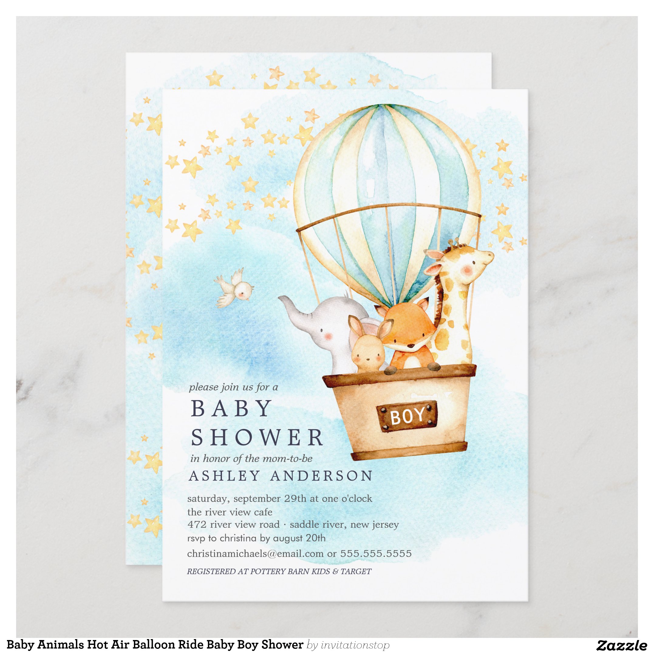 Baby Animals Hot Air Balloon Ride Baby Boy Shower Invitation