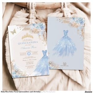 Baby Blue Boho Floral Quincea?era 15th Birthday Invitation
