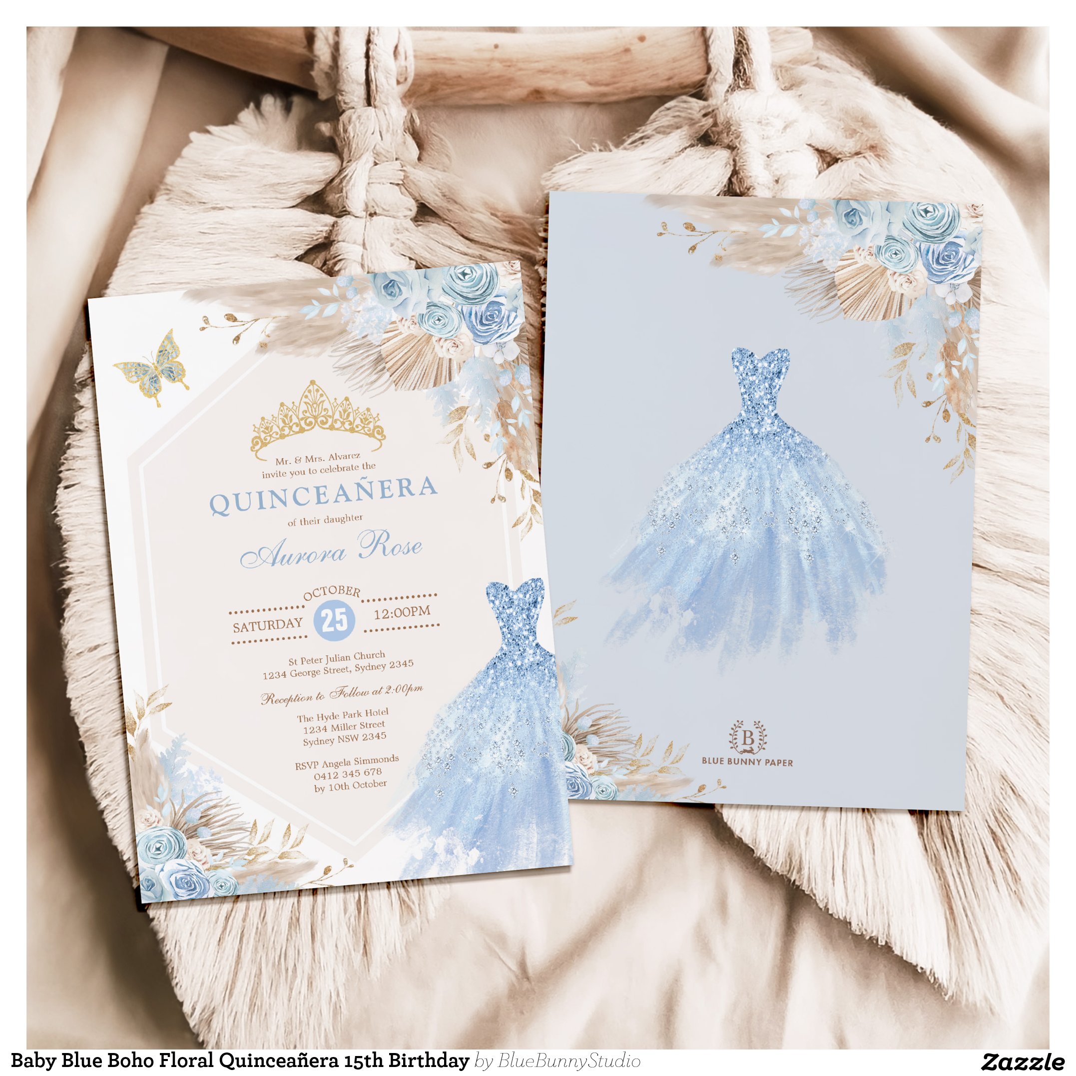 Baby Blue Boho Floral Quincea?era 15th Birthday Invitation