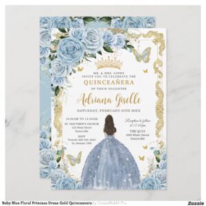 Baby Blue Floral Princess Dress Gold Quinceanera Invitation
