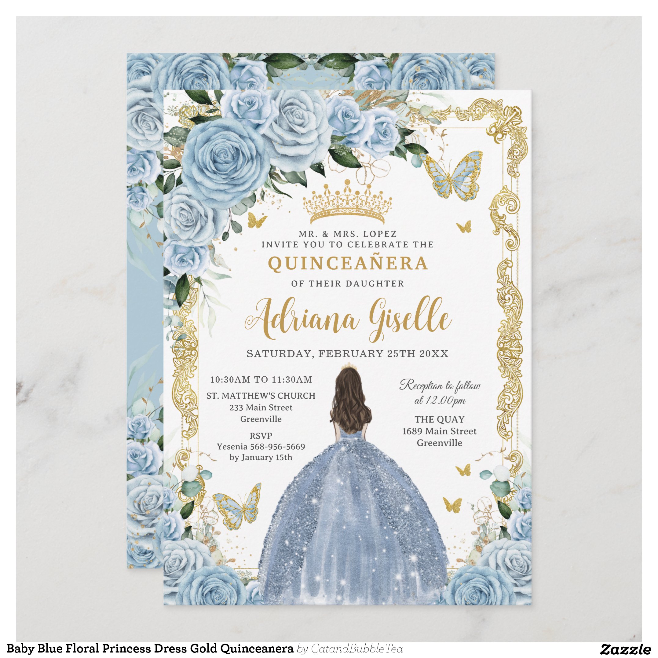 Baby Blue Floral Princess Dress Gold Quinceanera Invitation