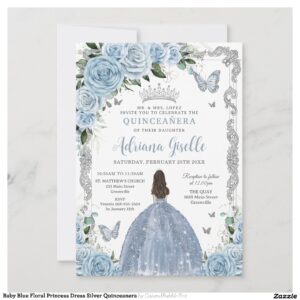Baby Blue Floral Princess Dress Silver Quinceanera Invitation