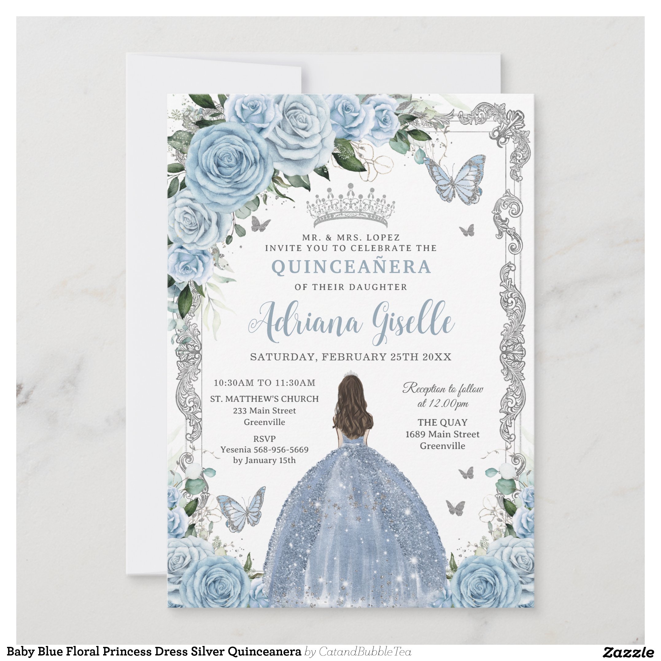 Baby Blue Floral Princess Dress Silver Quinceanera Invitation