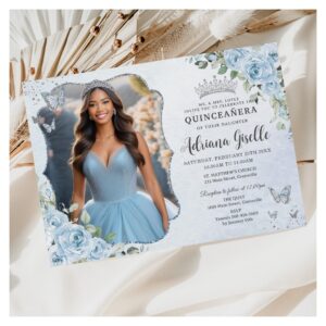 Baby Blue Floral Silver Quincea?era 16th Picture Invitation