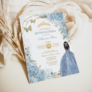 Baby Blue Gold Quincea?era Butterfly Princess Invitation