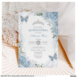 Baby Blue Silver Quincea?era Butterfly Geometric Invitation