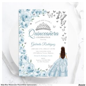 Baby Blue Watercolor Floral Silver Quinceanera Invitation