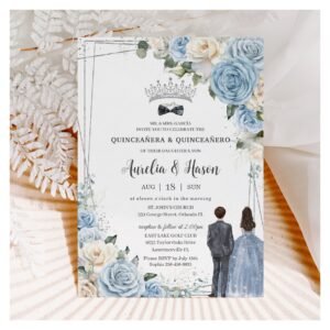 Baby Blue White Floral Twins Boy Girl Quincea?era Invitation