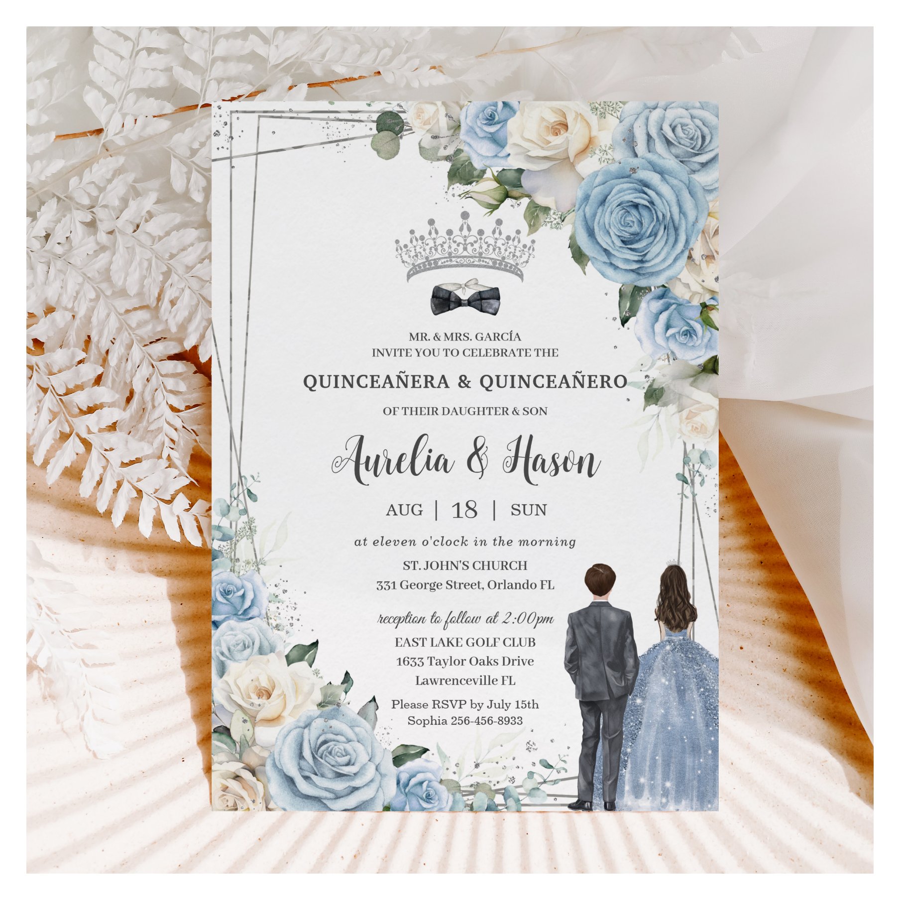 Baby Blue White Floral Twins Boy Girl Quincea?era Invitation
