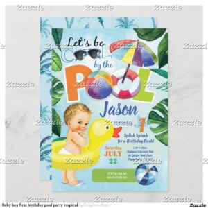 Baby boy first birthday pool party tropical invitation